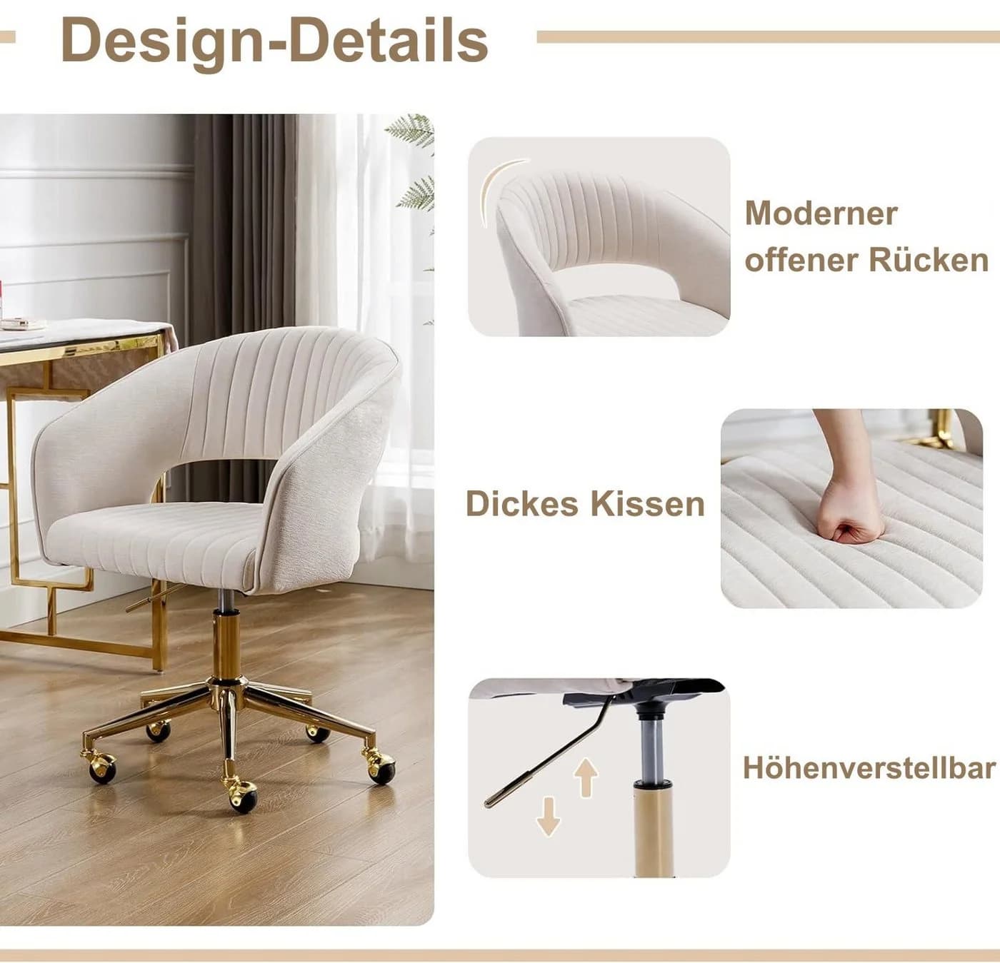 WAHSON OFFICE CHAIRS Bürostuhl aus Chenille, ergonomisch Drehstuhl mit Rollen Beige - Bild 4