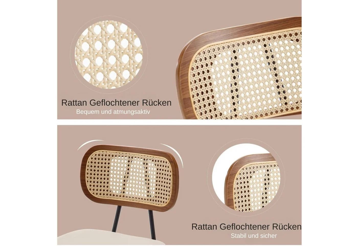 WAHSON OFFICE CHAIRS Esszimmerstuhl 2er Set Beige PU-Leder Rattan Holz - Bild 4