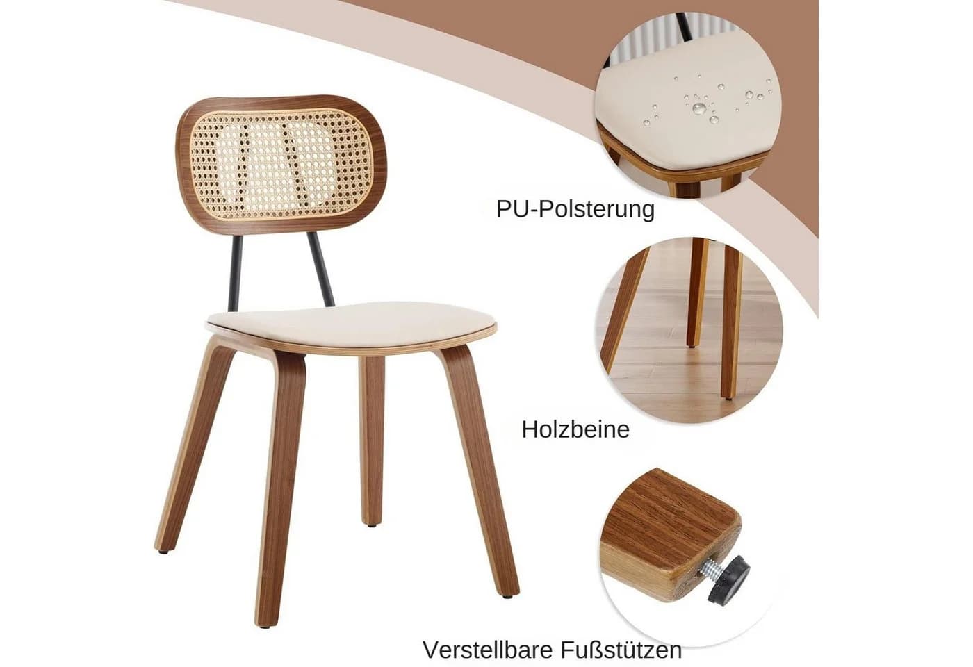 WAHSON OFFICE CHAIRS Esszimmerstuhl 2er Set Beige PU-Leder Rattan Holz - Bild 5