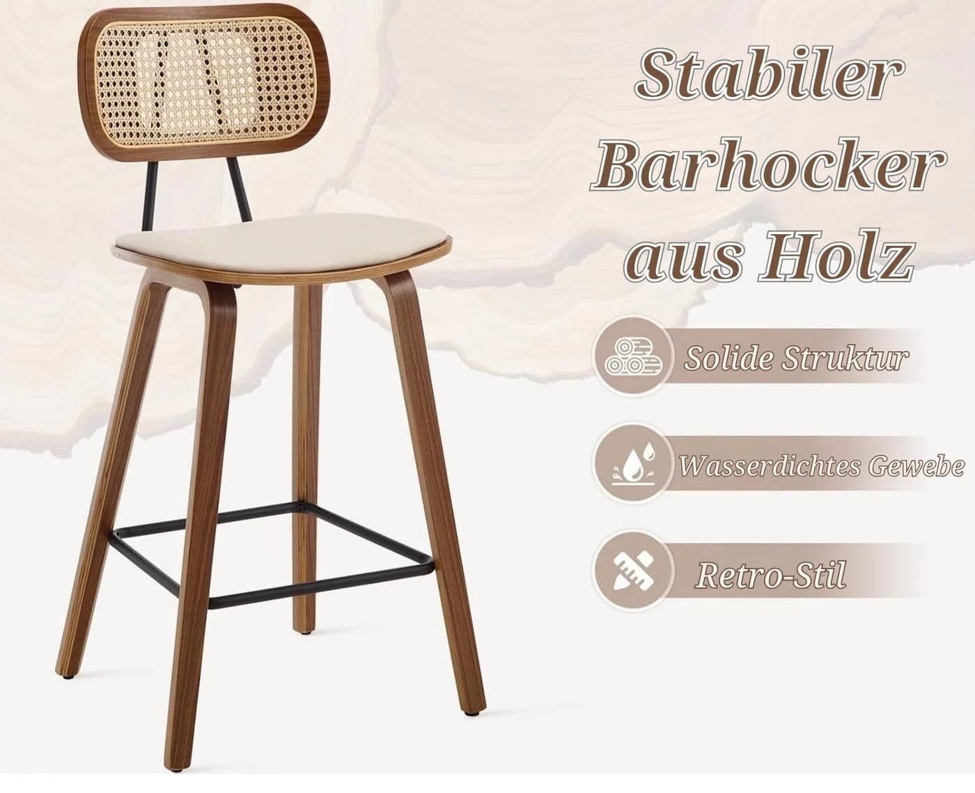 WAHSON Barhocker 2er Rattan PU-Leder Holzbeine Küchen/Wohnzimmer - Bild 4