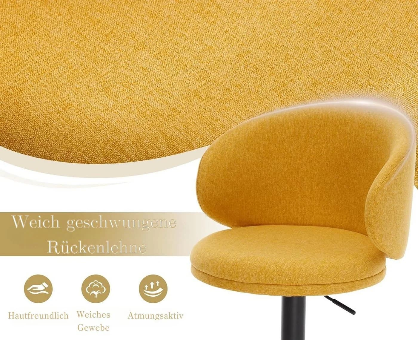 WAHSON Barhocker Leinen Gelb Höhenverstellbar Drehbar (2 St) - Bild 4
