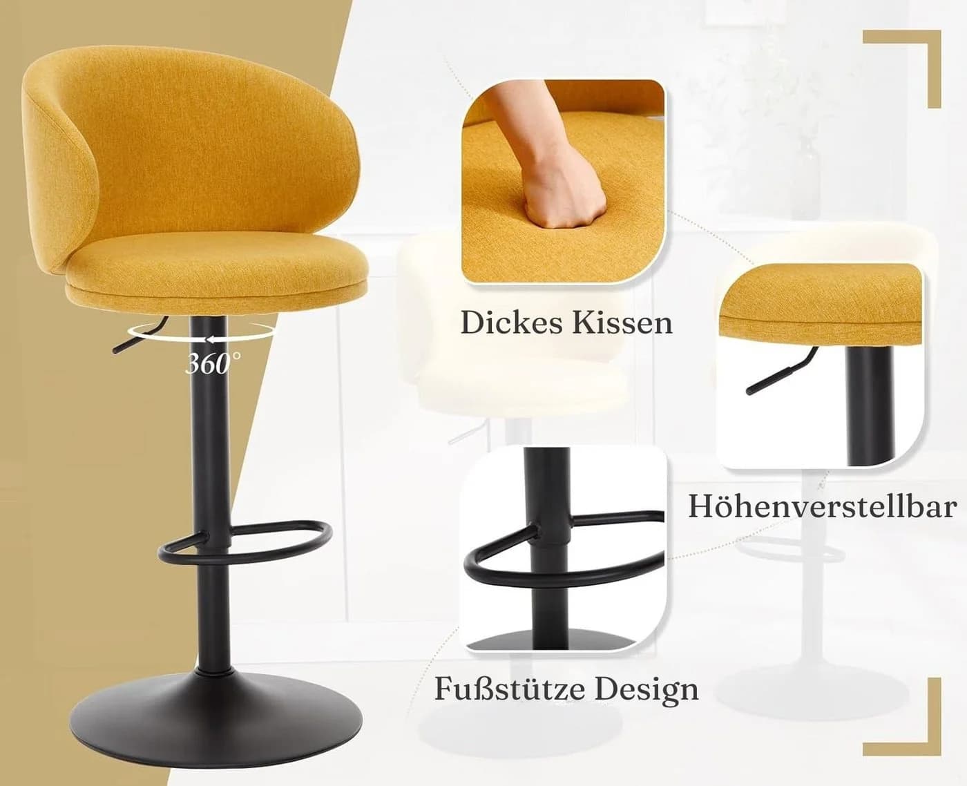 WAHSON Barhocker Leinen Gelb Höhenverstellbar Drehbar (2 St) - Bild 5