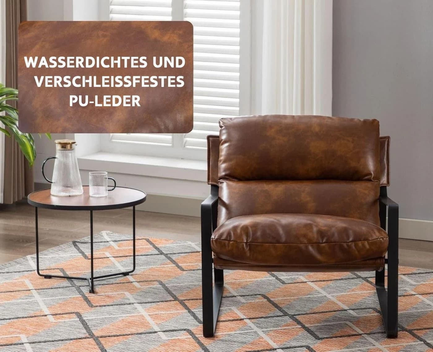WAHSON Loungesessel Moderner PU-Leder/Chenille Ohrensessel Braun - Bild 4