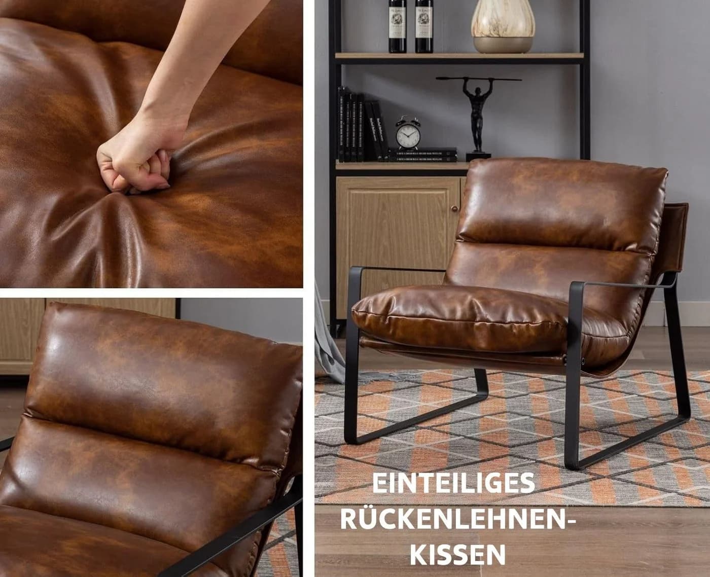 WAHSON Loungesessel Moderner PU-Leder/Chenille Ohrensessel Braun - Bild 5