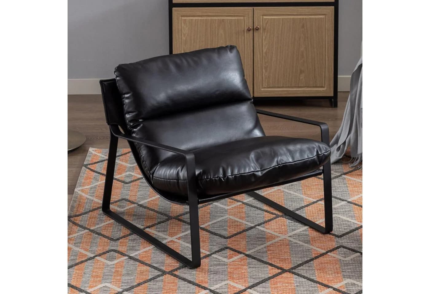 WAHSON Loungesessel Schwarz PU-Leder Chenille Ohrensessel