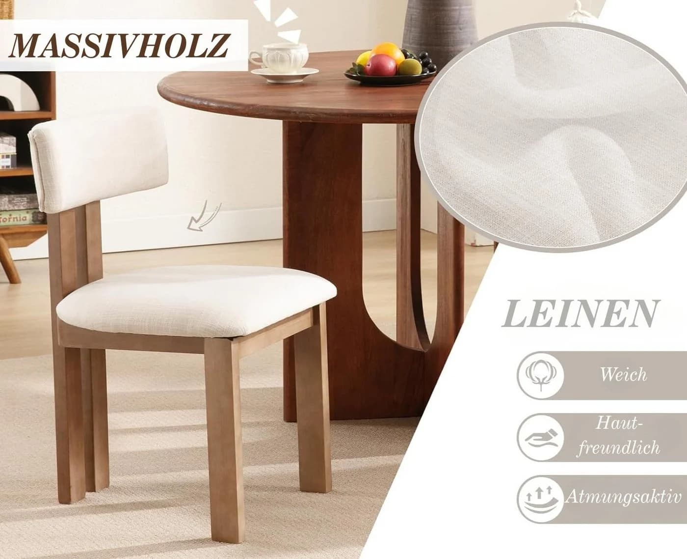 WAHSON Esszimmerstuhl 2er Set Retro Leinen/Samt Beige - Bild 4