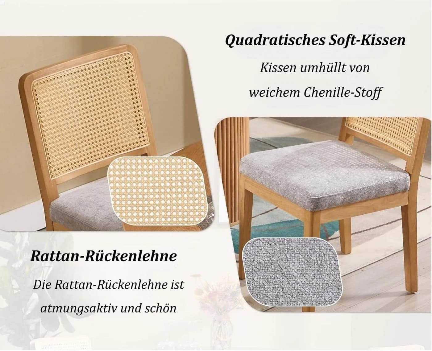 WAHSON Esszimmerstuhl 2er Set Chenille Grau Rattan-Rückenlehne - Bild 4