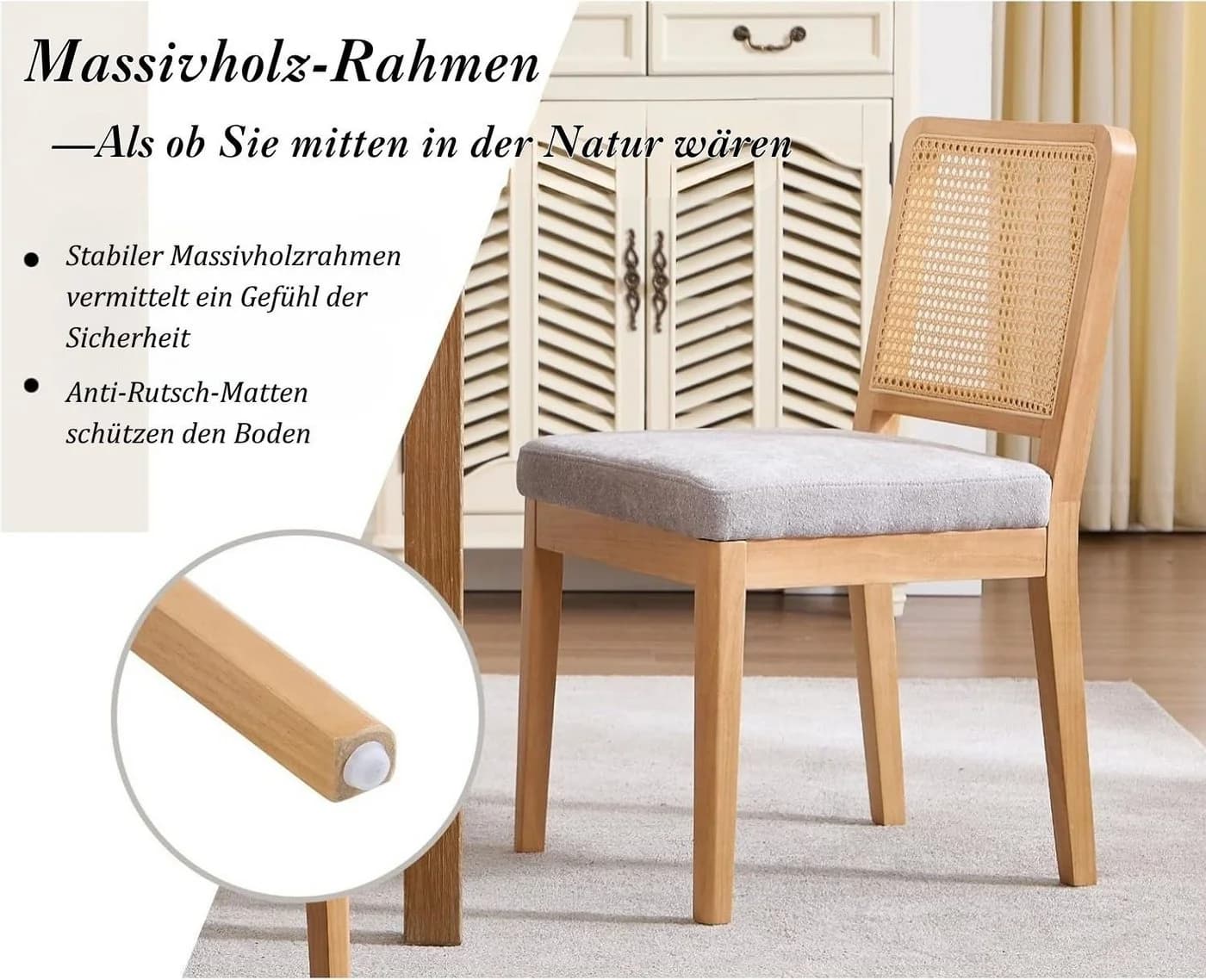 WAHSON Esszimmerstuhl 2er Set Chenille Grau Rattan-Rückenlehne - Bild 5
