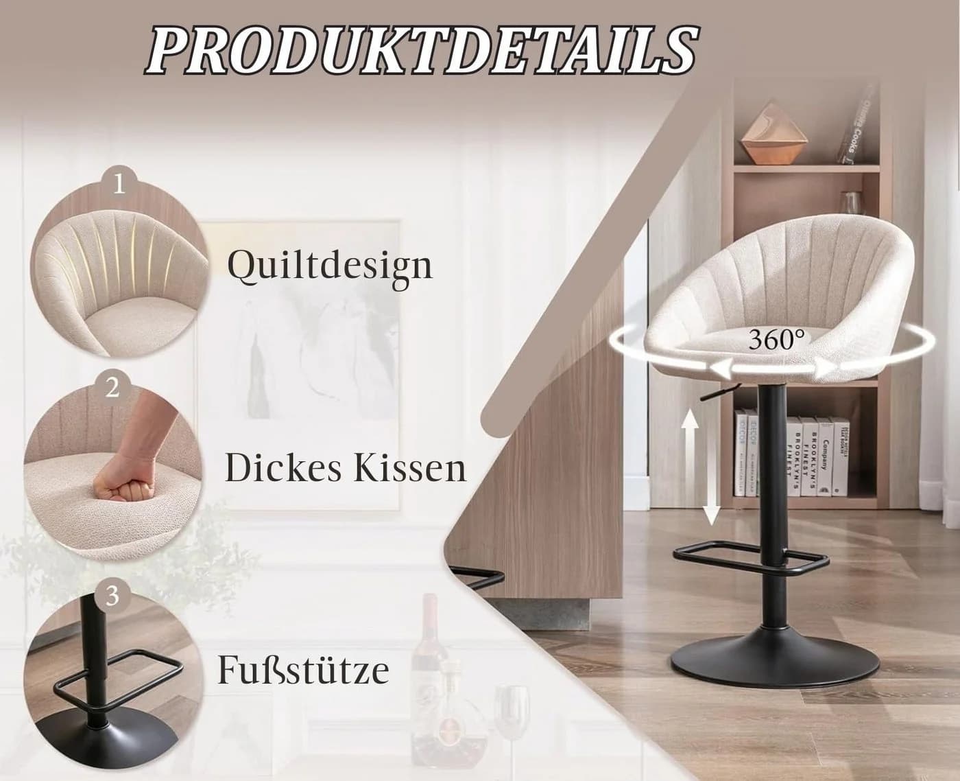 CHAIRUS Barhocker 2er Set Beige Drehhocker mit Rückenlehne - Bild 5