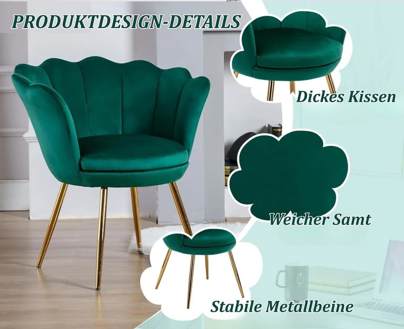CHAIRUS Sessel Relaxsessel Grün Samt Goldfuß Blumenform - Bild 5
