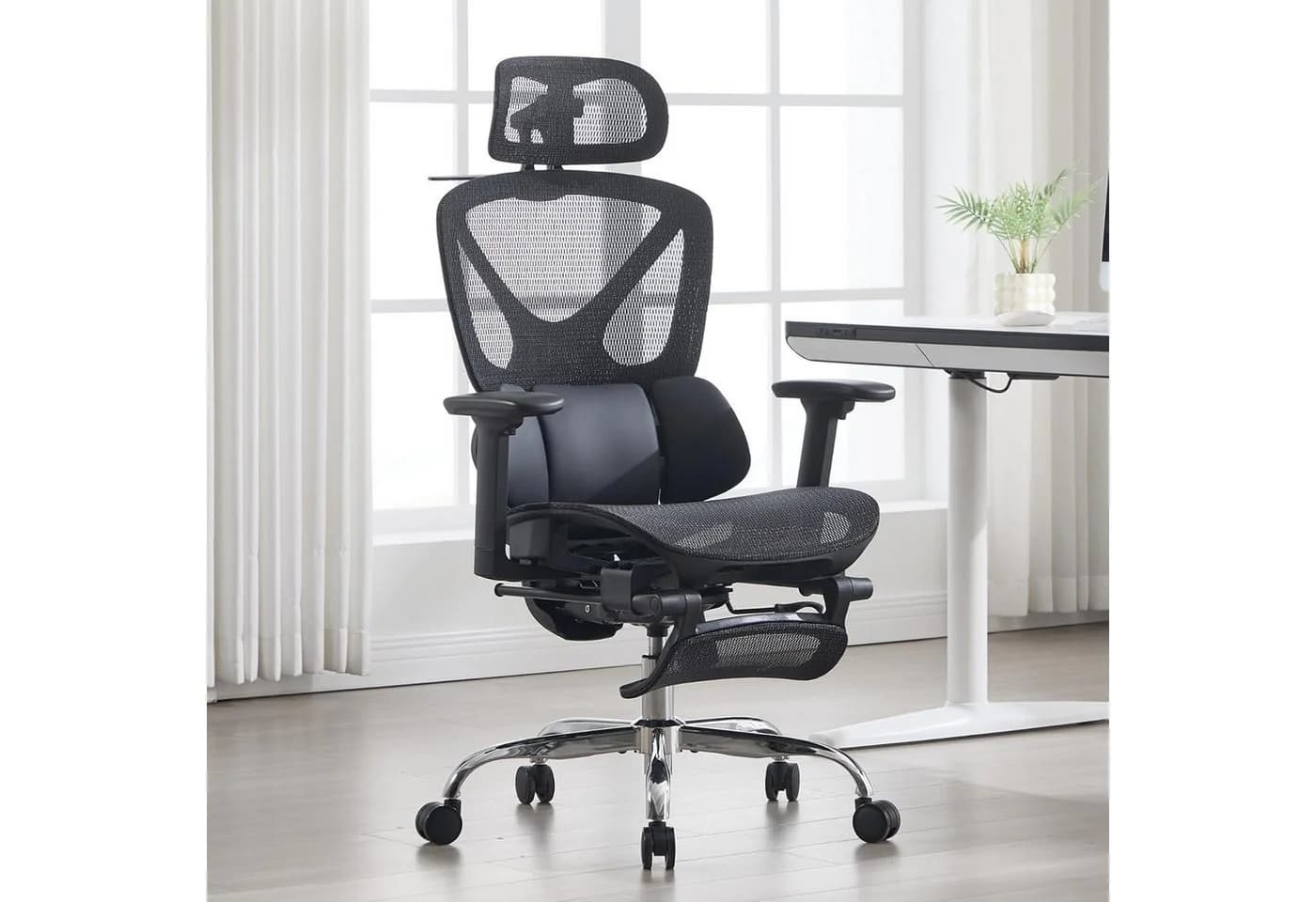 WAHSON OFFICE CHAIRS Ergonomischer Bürostuhl Schwarz mit Fußstütze