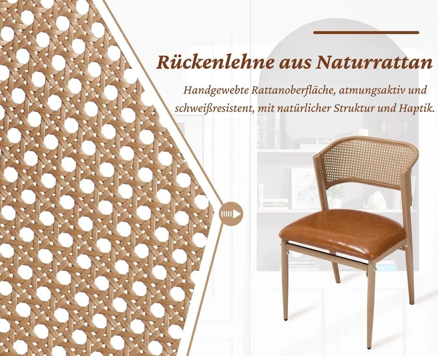 WAHSON OFFICE CHAIRS Esszimmerstuhl 2er Set Rattan Leinen Metallbeine Gelb - Bild 4