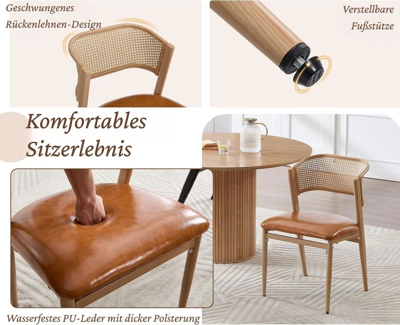 WAHSON OFFICE CHAIRS Esszimmerstuhl 2er Set Rattan Leinen Metallbeine Gelb - Bild 5