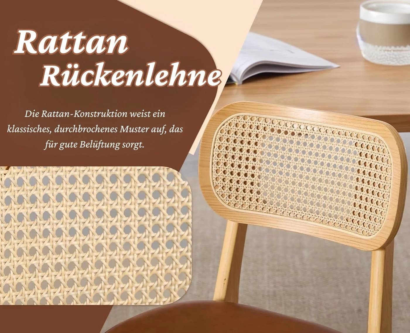 WAHSON Esszimmerstuhl Rattansessel 2/4er Set Braun Holz - Bild 5