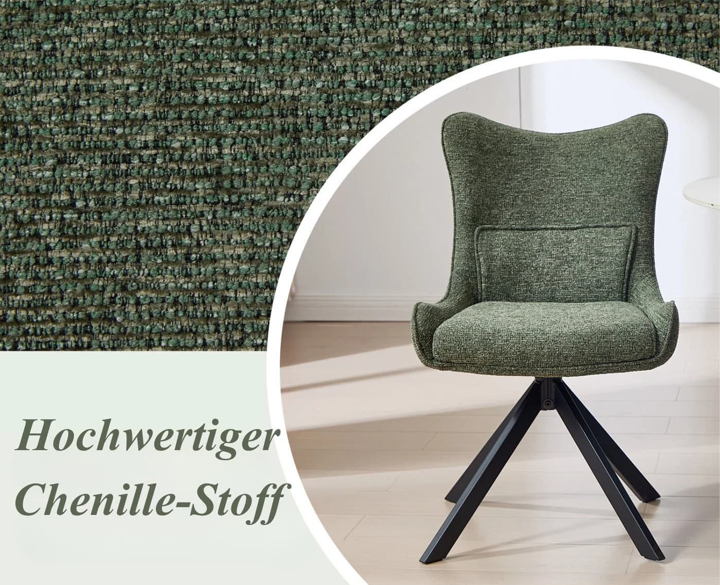 WAHSON OFFICE CHAIRS Esszimmerstuhl 360°Drehbar Chenille Grün Metallbeine - Bild 4