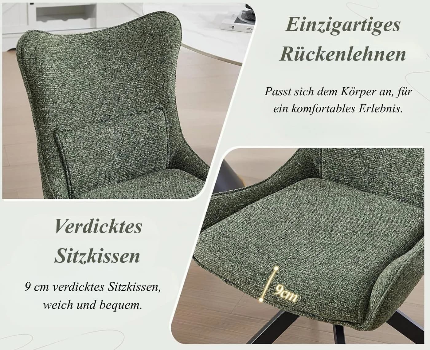 WAHSON OFFICE CHAIRS Esszimmerstuhl 360°Drehbar Chenille Grün Metallbeine - Bild 5