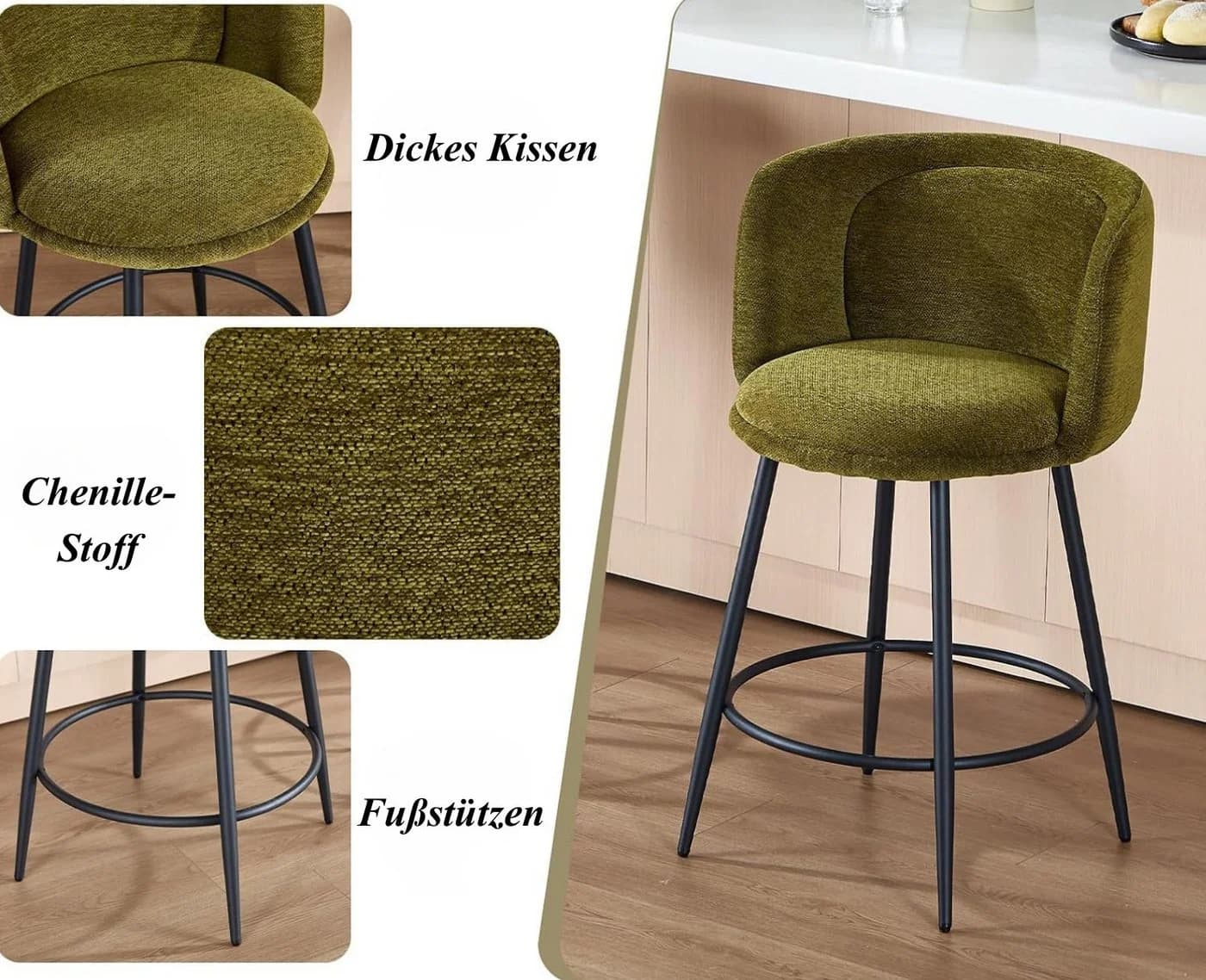 WAHSON OFFICE CHAIRS Barhocker 2er mit Lehne Chenille Grün - Bild 4