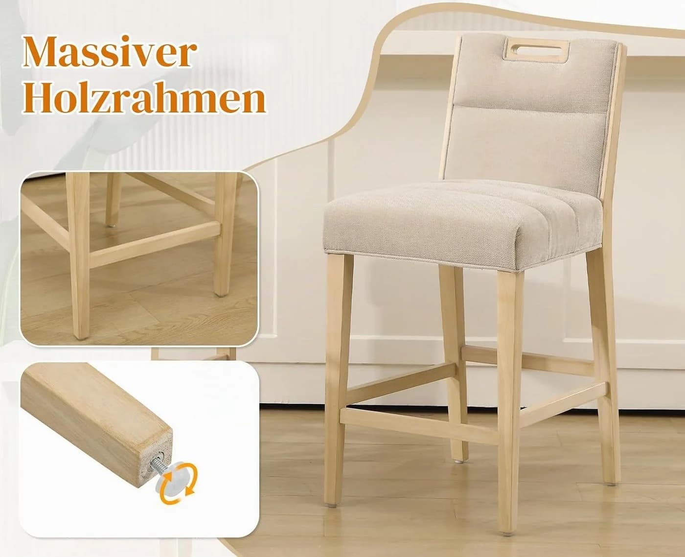 WAHSON OFFICE CHAIRS Barhocker 2er Set Beige Chenille mit Lehne - Bild 4