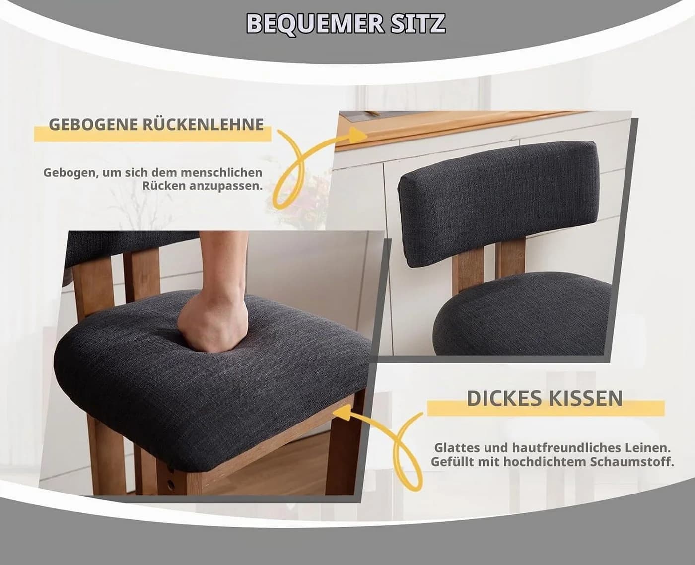 WAHSON OFFICE CHAIRS Barhocker 2er Set Leinen grau mit Holzfüßen - Bild 3