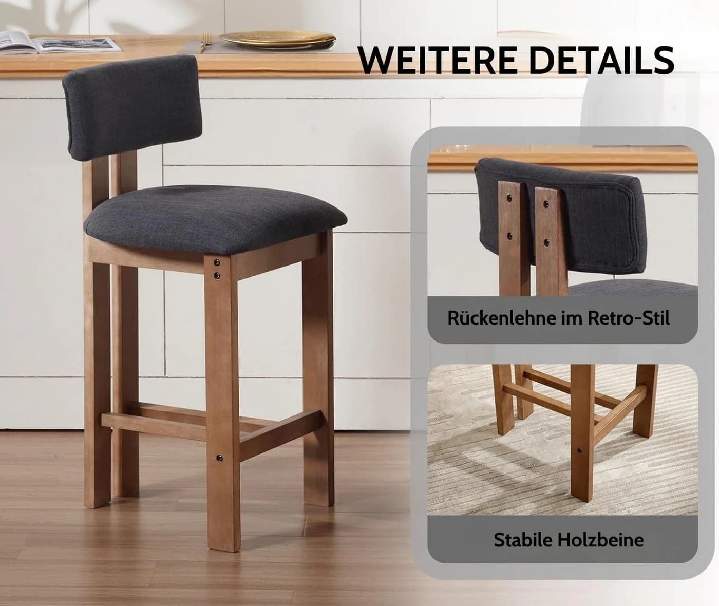 WAHSON OFFICE CHAIRS Barhocker 2er Set Leinen grau mit Holzfüßen - Bild 4