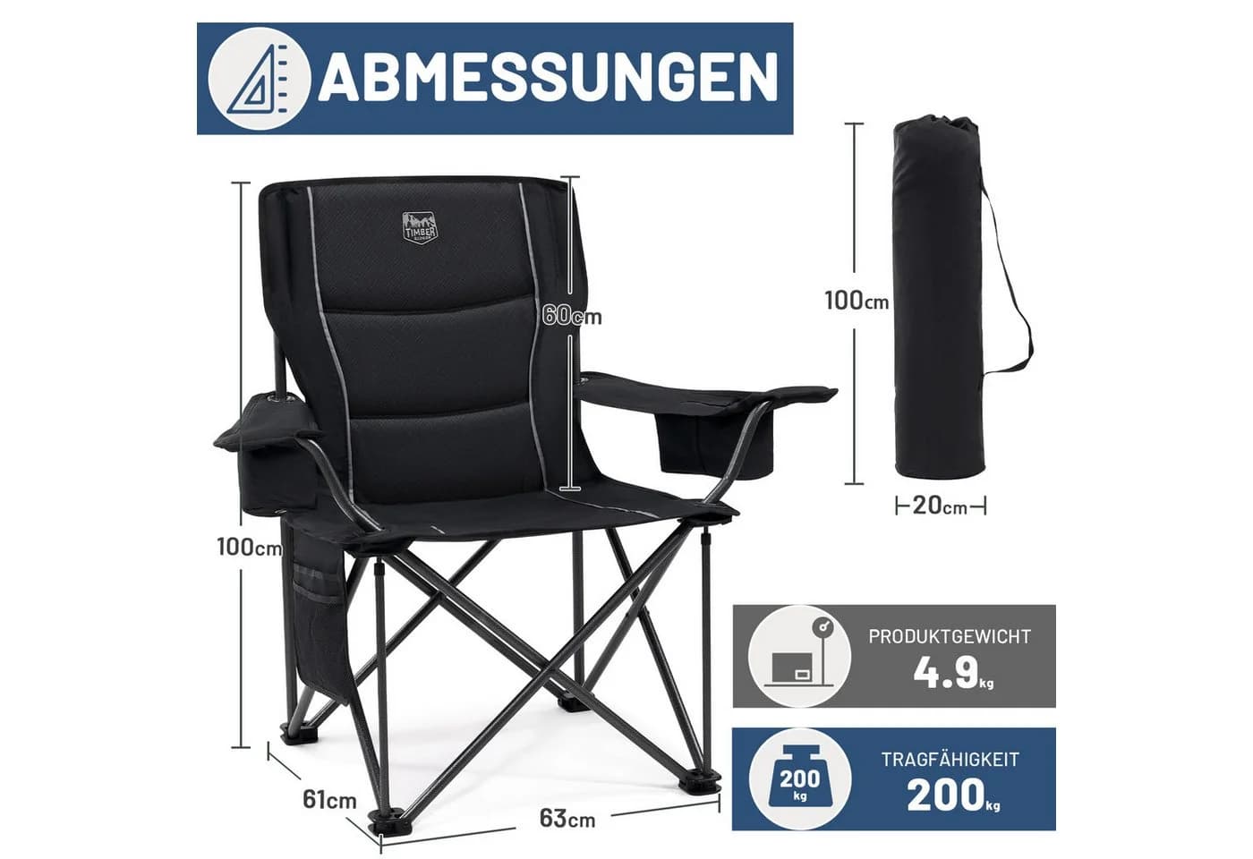TIMBER RIDGE Campingstuhl Faltbar 200kg Belastbar - Bild 3