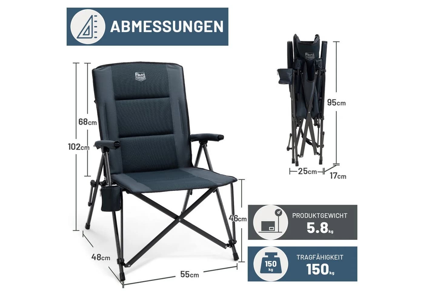 TIMBER RIDGE Campingstuhl Faltbar 150kg Belastbar Schwarz - Bild 3