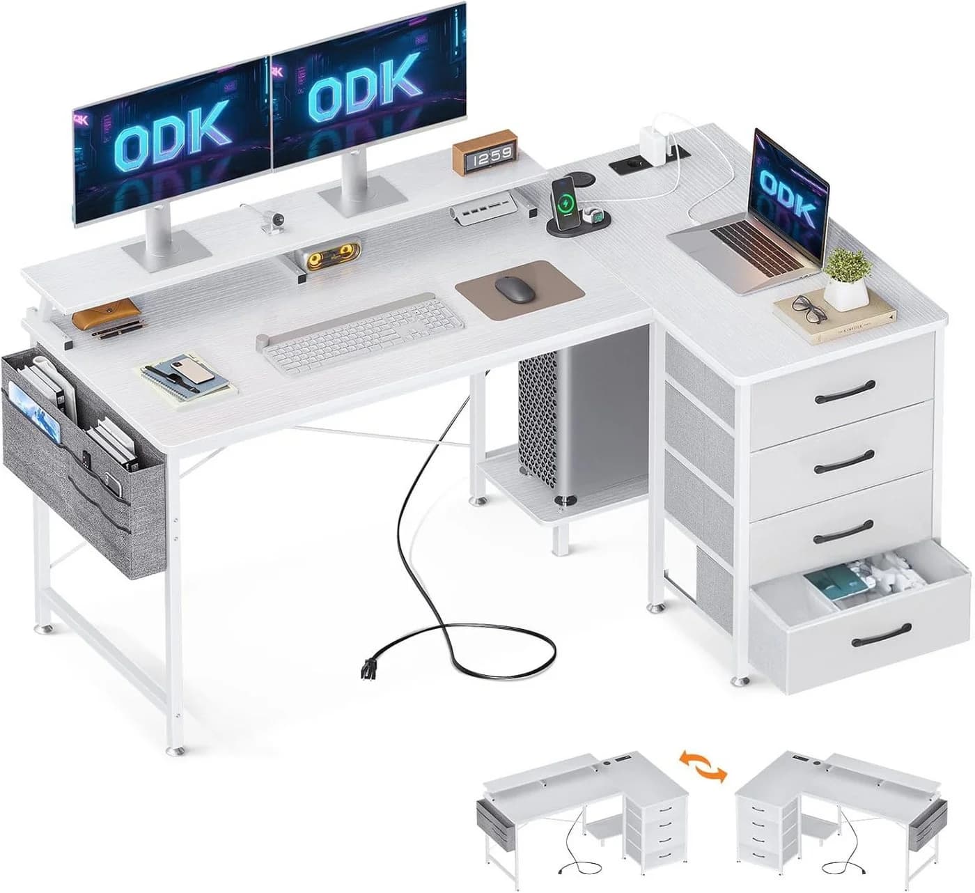 ODK Eckschreibtisch L-Form Weiß mit Schubladen & USB - Bild 2