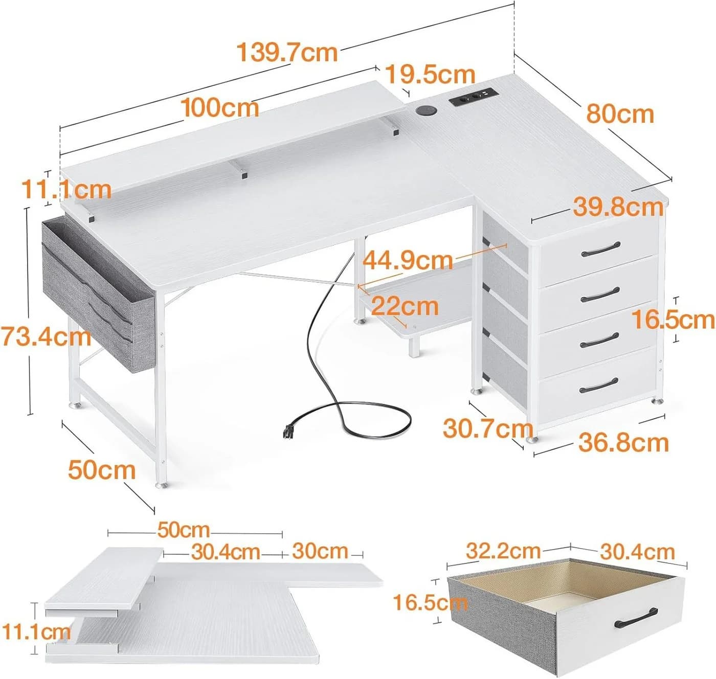 ODK Eckschreibtisch L-Form Weiß mit Schubladen & USB - Bild 3