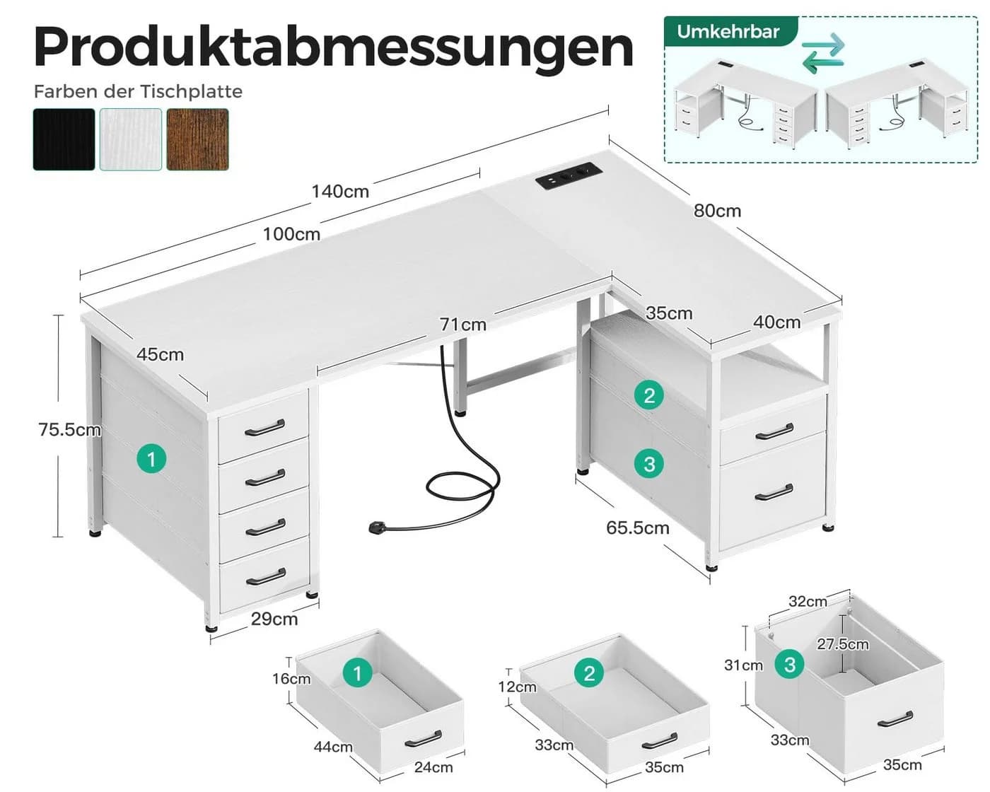 ODK Eckschreibtisch L-Form Weiß mit Steckdosen & Schubladen