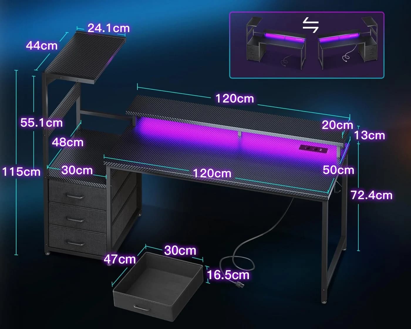 ODK Gamingtisch 151cm Schwarz mit LED, Schubladen & USB