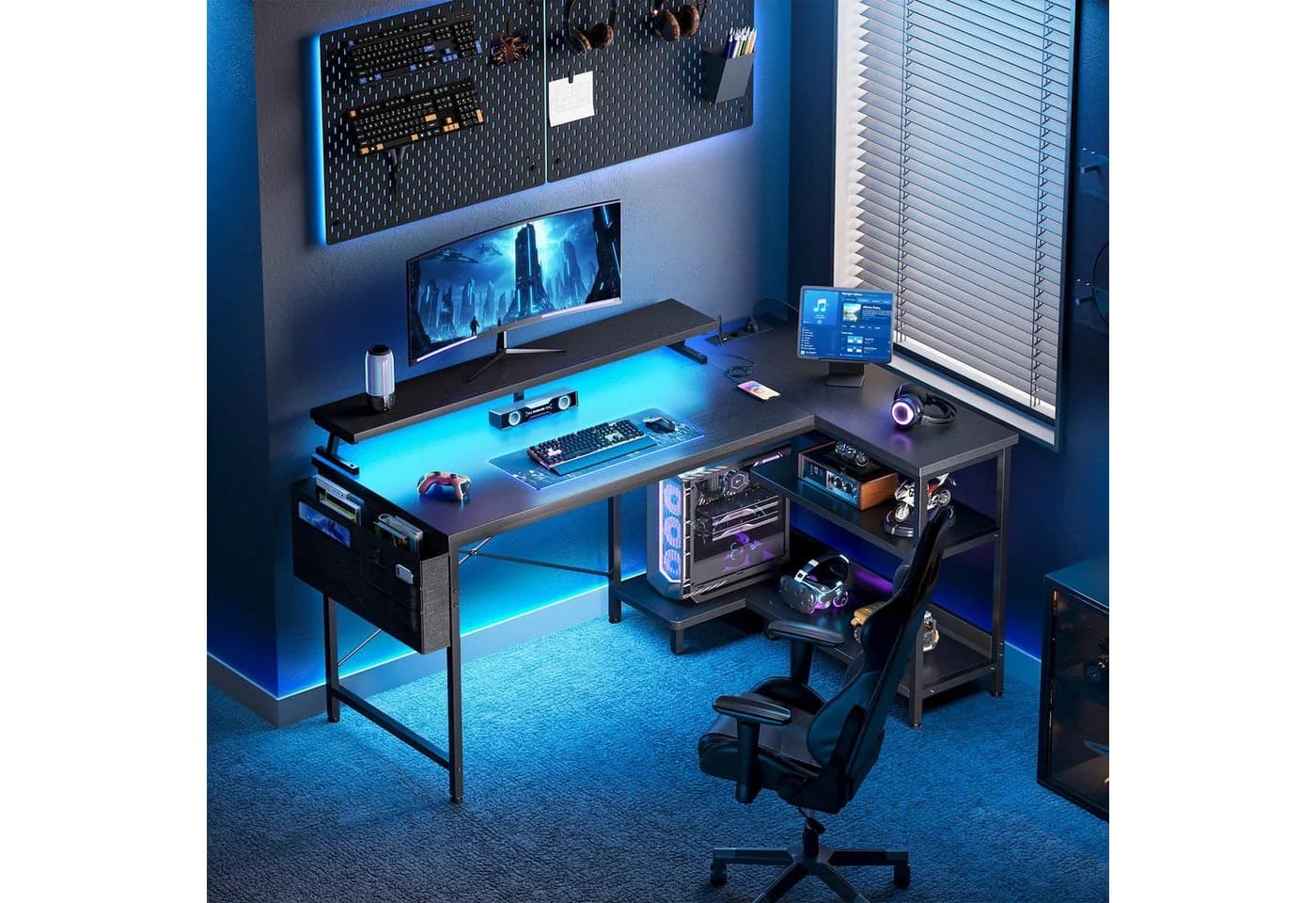 ODK Gamingtisch L Form Schwarz mit LED-Beleuchtung und Steckdosen - Bild 2