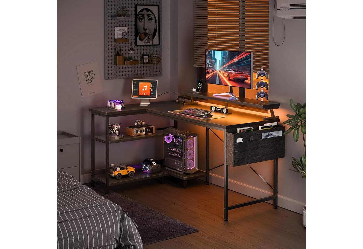 ODK Gamingtisch L Form Schwarz mit LED-Beleuchtung und Steckdosen - Bild 3