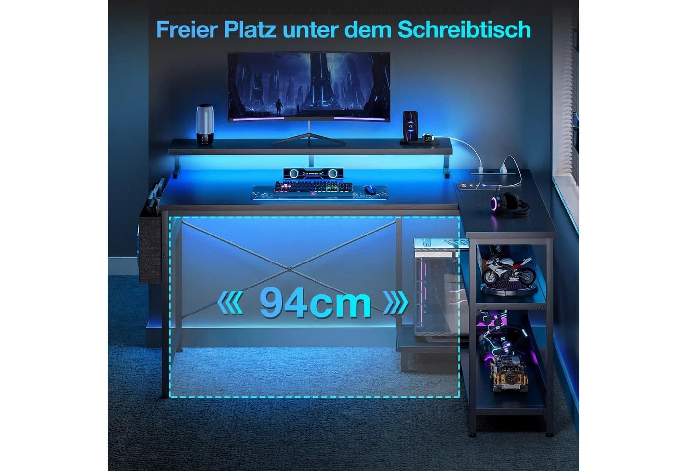 ODK Gamingtisch L Form Schwarz mit LED-Beleuchtung und Steckdosen - Bild 4