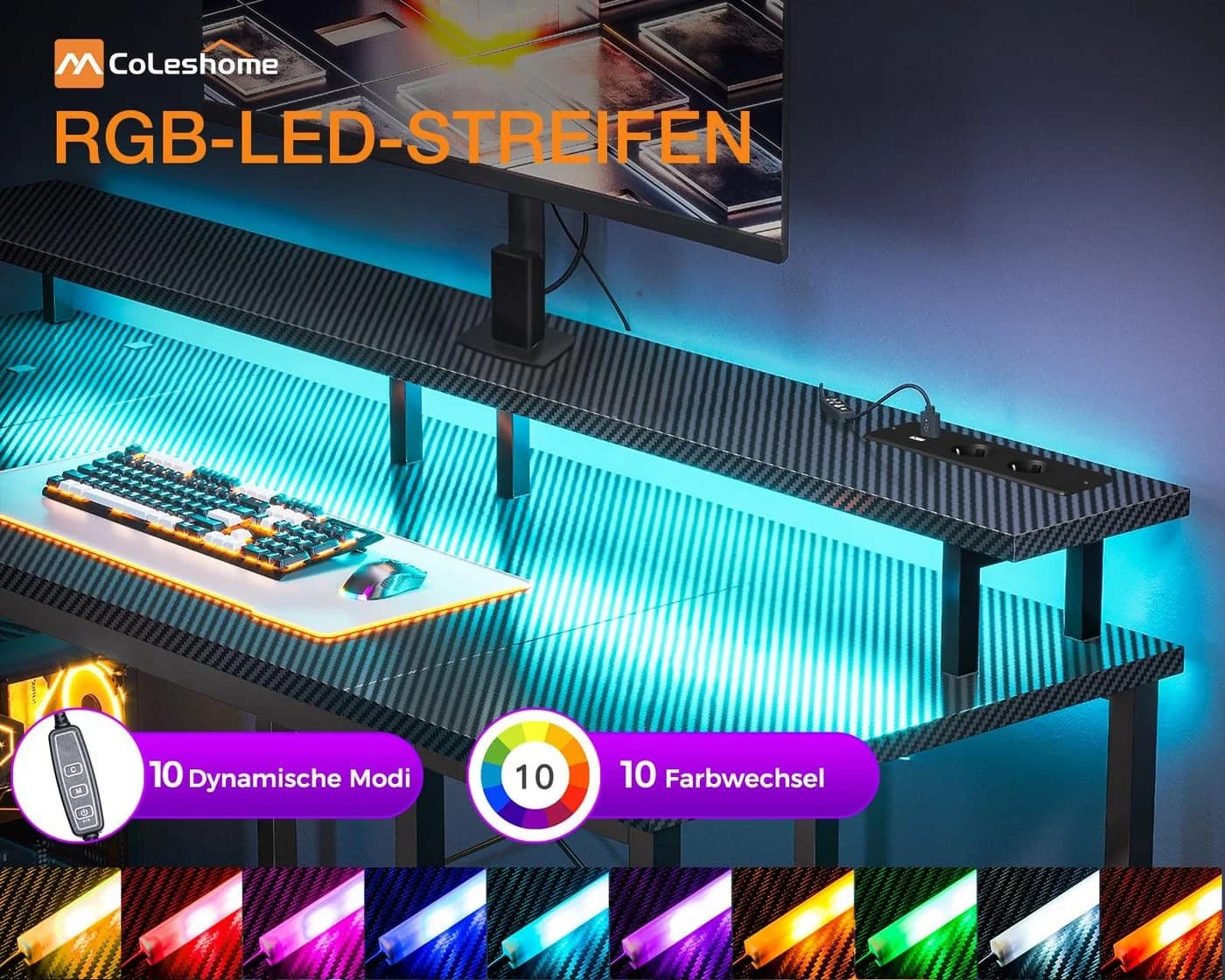 ODK Gamingtisch 120 cm Schwarz mit LED-Beleuchtung und Steckdosen - Bild 5
