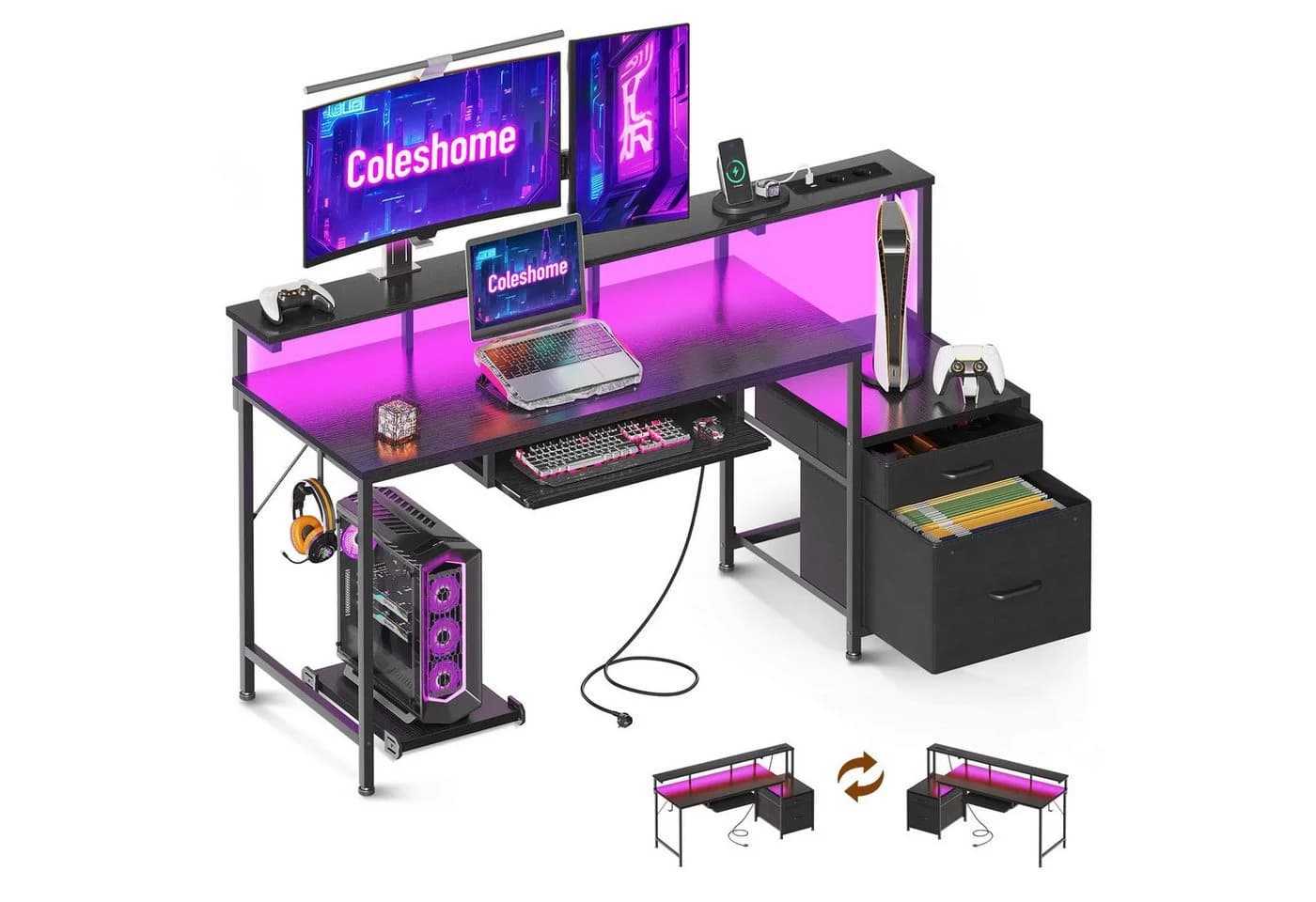 ODK Gamingtisch mit LED-Beleuchtung und USB-Anschlüssen Schwarz - Bild 3