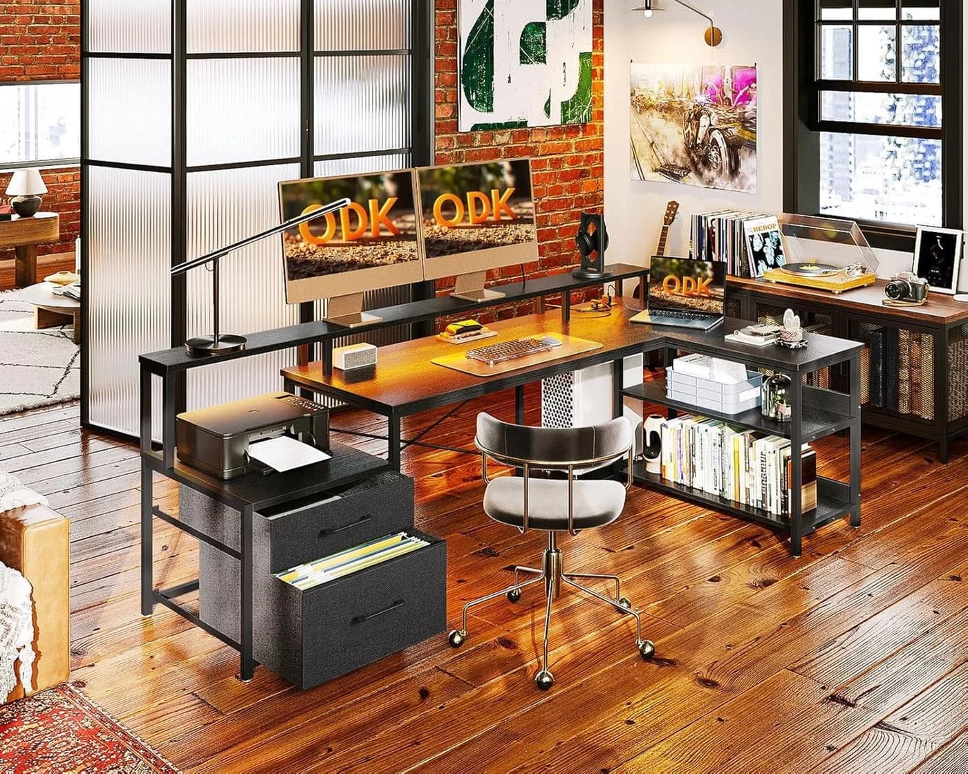 ODK Reversibler Eckschreibtisch mit Schubladen LED Schwarz 189.5x100cm