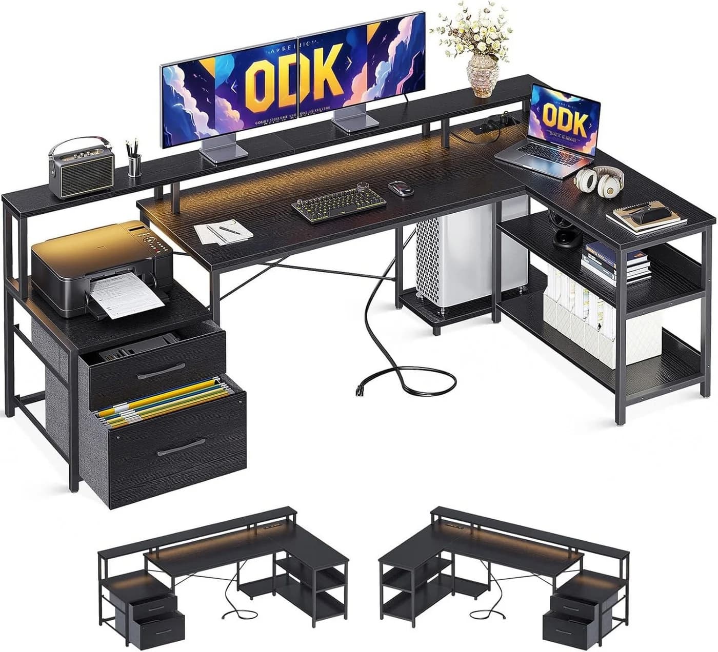 ODK Reversibler Eckschreibtisch mit Schubladen LED Schwarz 189.5x100cm - Bild 2
