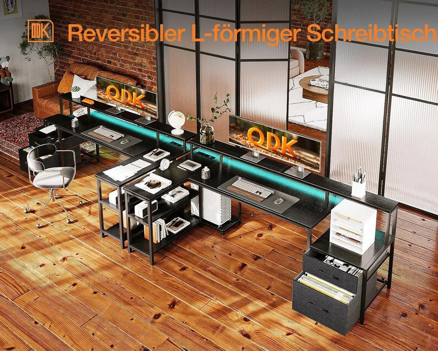 ODK Reversibler Eckschreibtisch mit Schubladen LED Schwarz 189.5x100cm - Bild 4