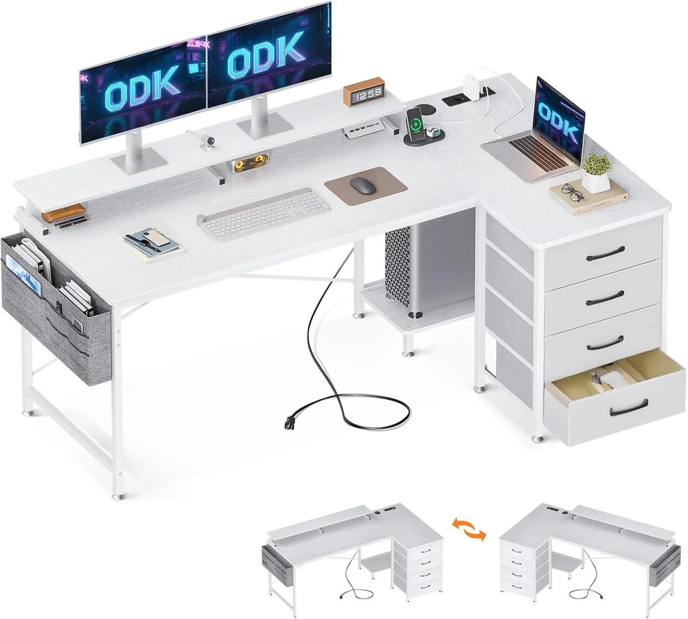 ODK Eckschreibtisch L-Form mit 4 Schubladen & USB-Anschlüssen Weiß - Bild 2