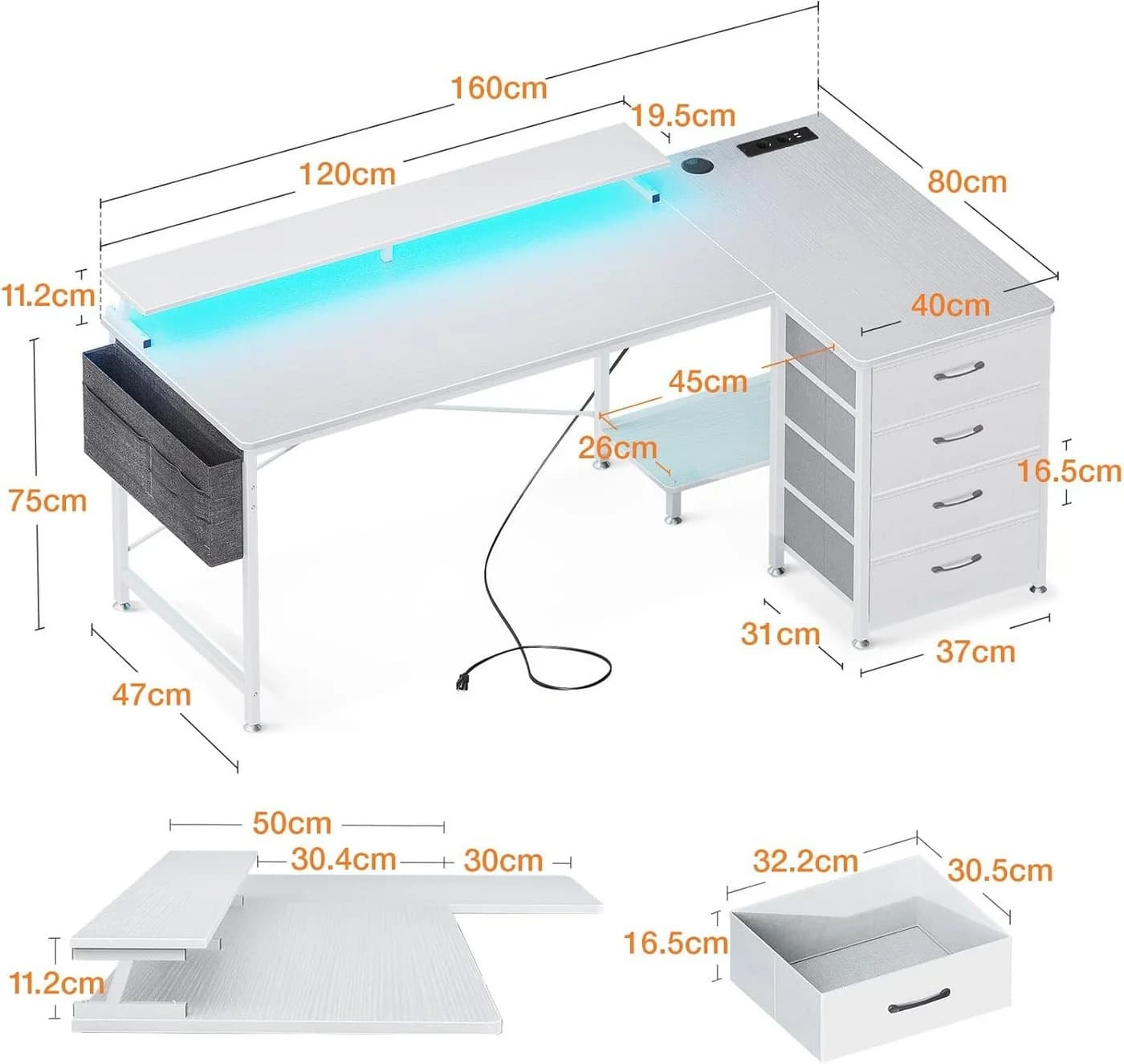 ODK Eckschreibtisch mit 4 Schubladen, Schreibtisch mit Steckdosen & USB Ladeanschluss, Weiß - Bild 3
