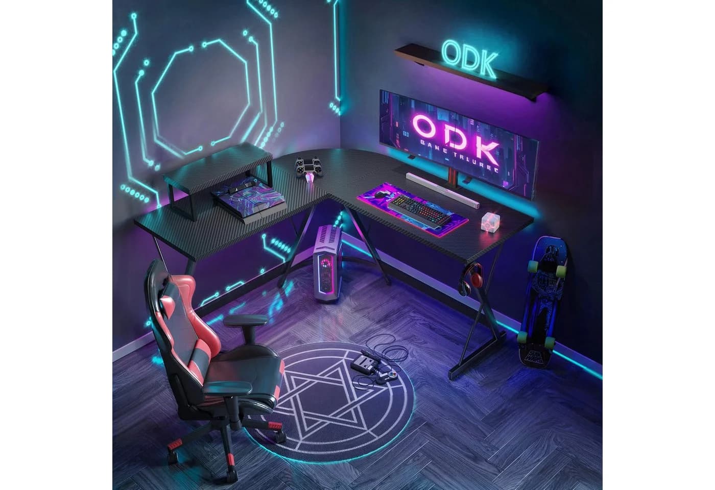 ODK Gamingtisch L-Form Schwarz mit Monitor-Ständer - Bild 2