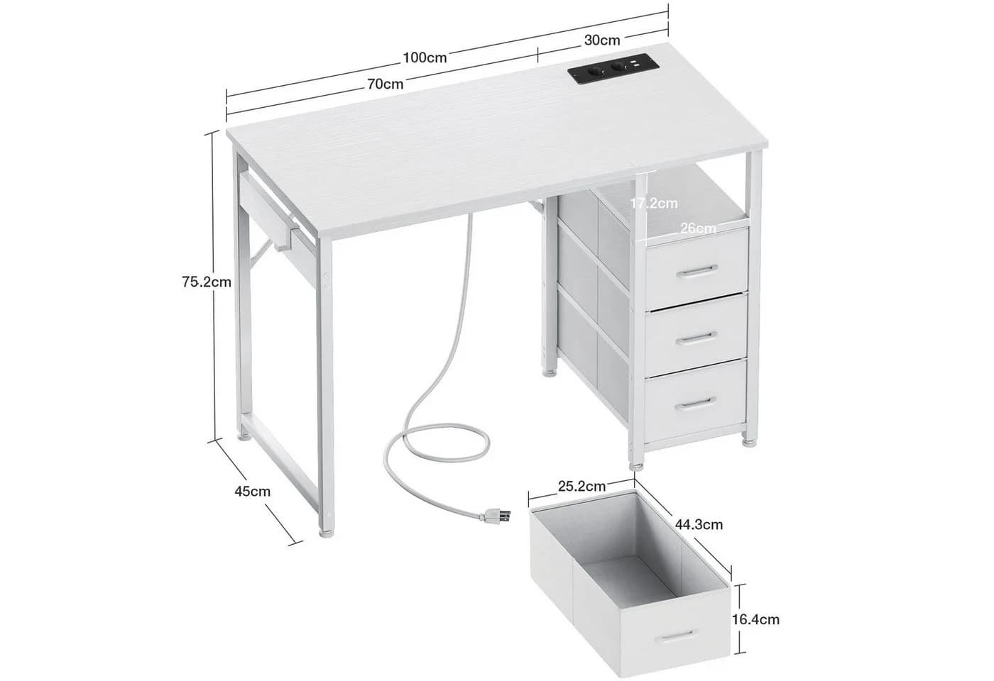 ODK Schreibtisch mit Schubladen und USB-Anschlüssen Weiß