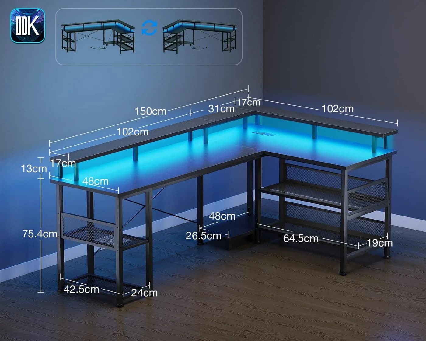 ODK Gamingtisch L-Form Schwarz mit LED-Beleuchtung & Steckdosen