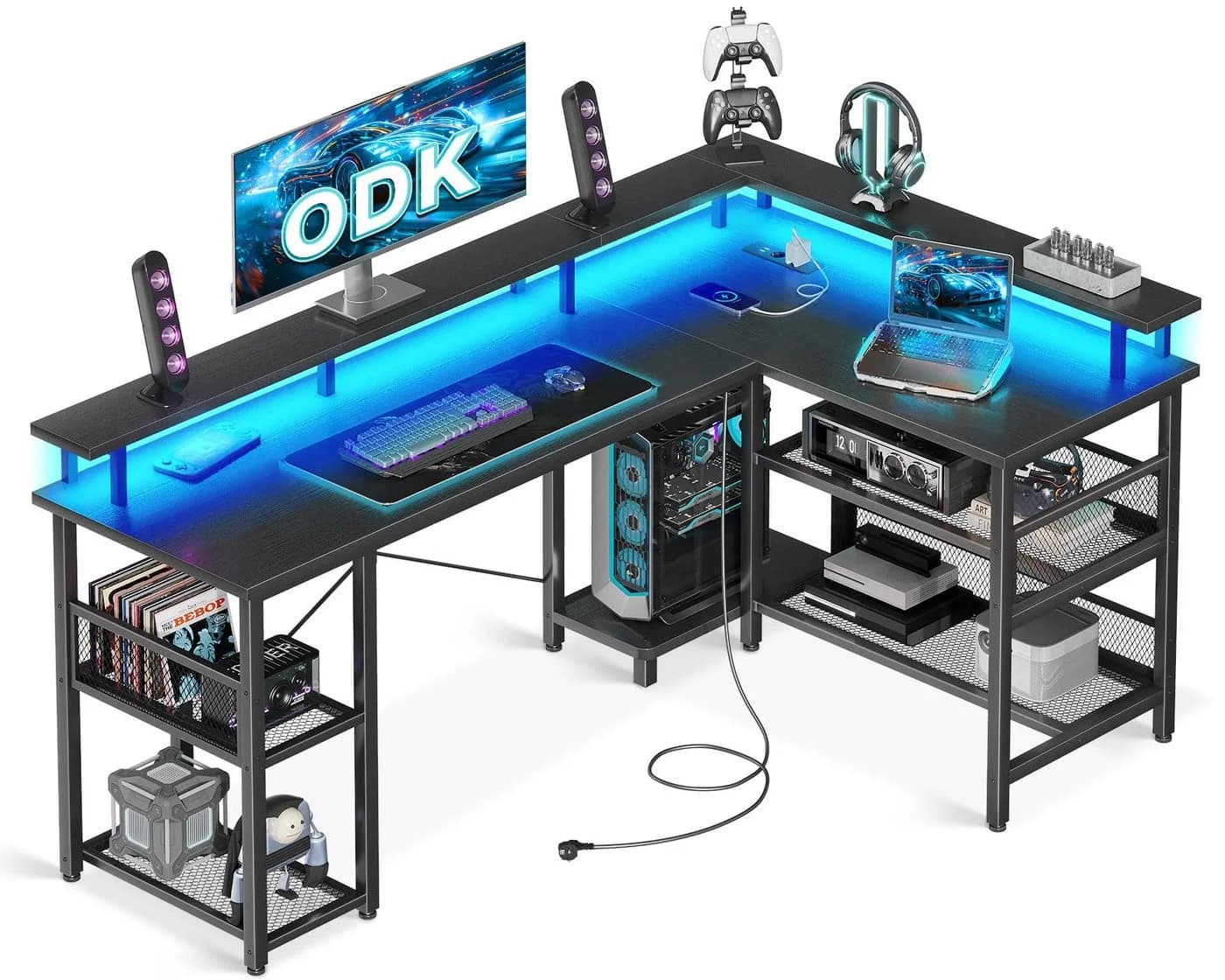ODK Gamingtisch L-Form Schwarz mit LED-Beleuchtung & Steckdosen - Bild 3