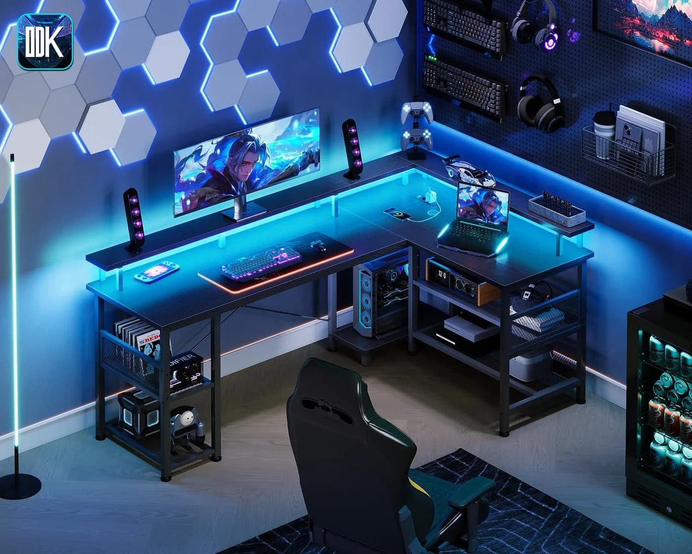 ODK Gamingtisch L-Form Schwarz mit LED-Beleuchtung & Steckdosen - Bild 4