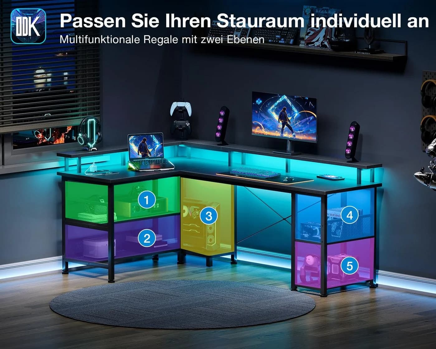 ODK Gamingtisch L-Form Schwarz mit LED-Beleuchtung & Steckdosen - Bild 5