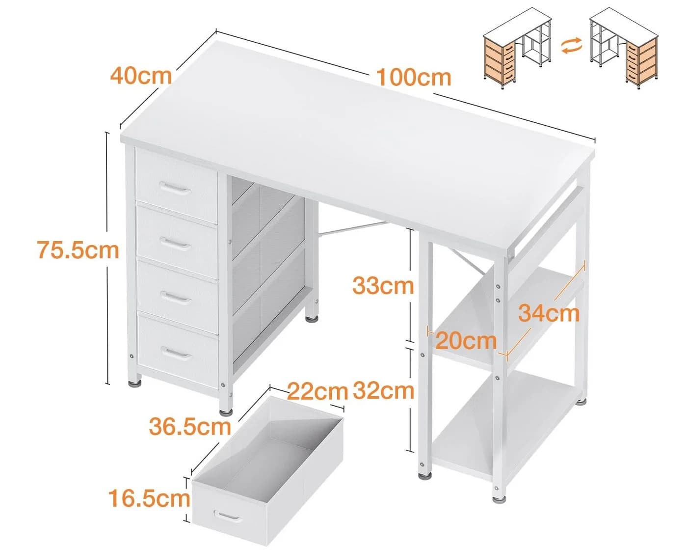 ODK Schreibtisch 100cm Weiß mit 4 Schubladen und Regalen