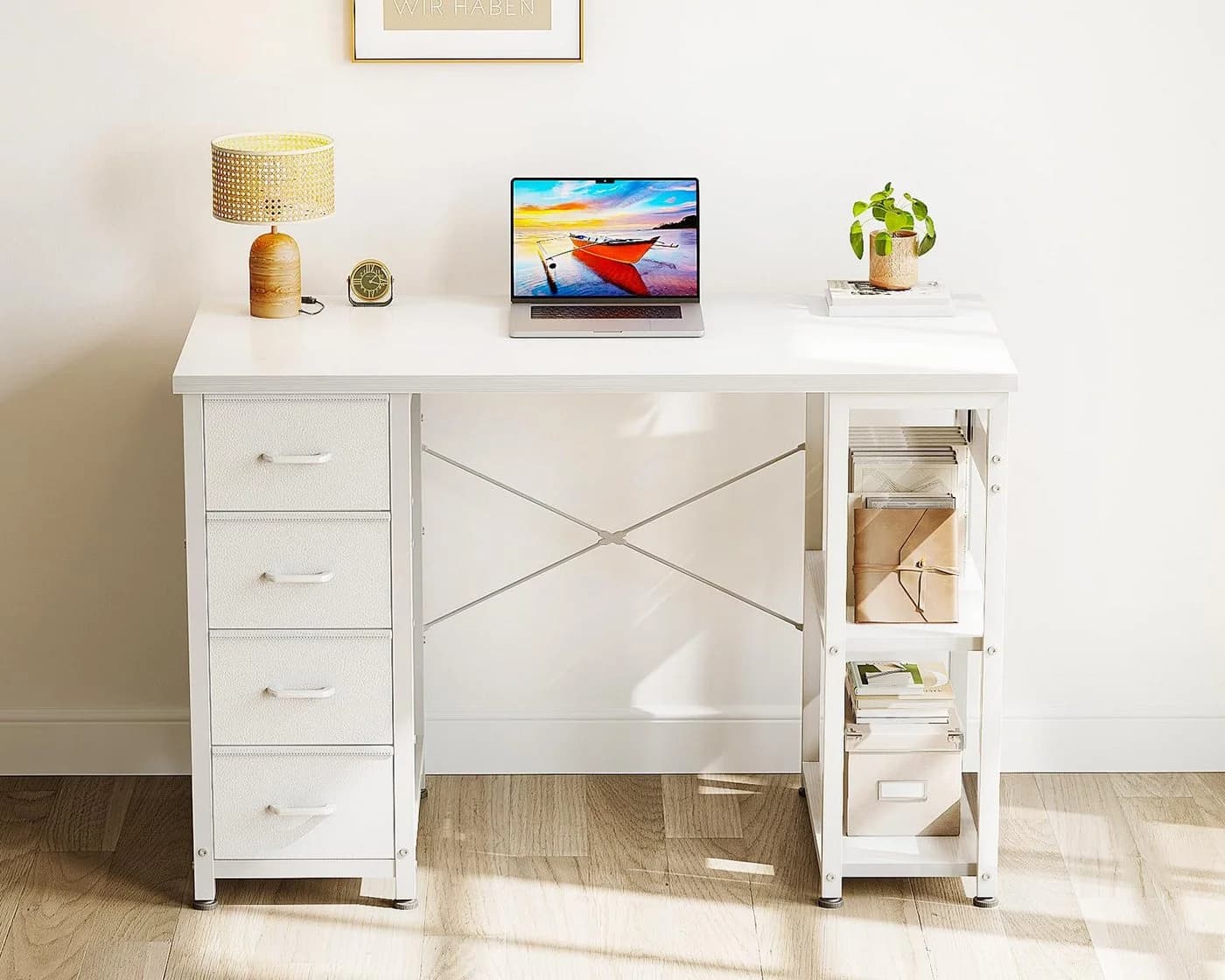 ODK Schreibtisch 100cm Weiß mit 4 Schubladen und Regalen - Bild 2