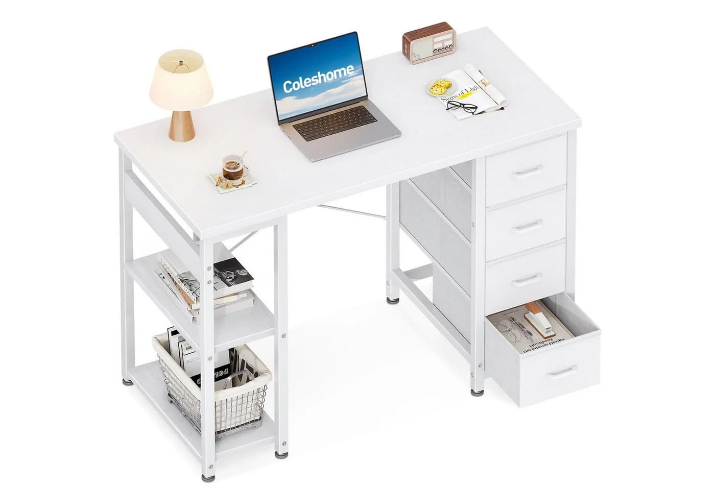 ODK Schreibtisch 100cm Weiß mit 4 Schubladen und Regalen - Bild 3