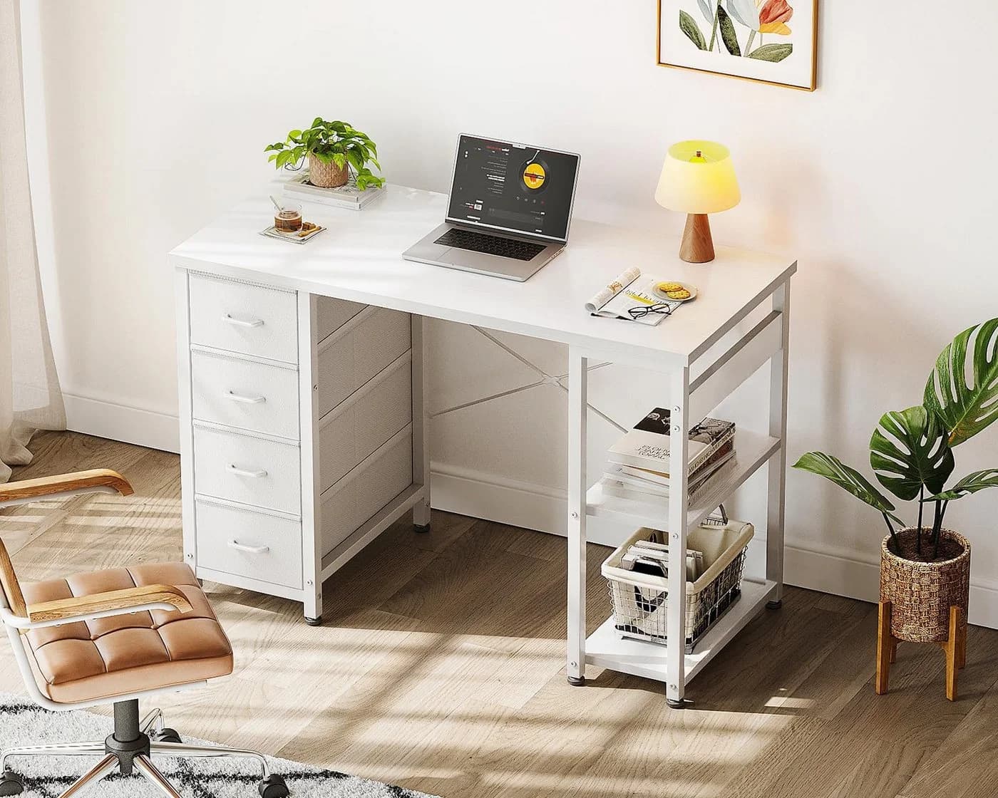 ODK Schreibtisch 100cm Weiß mit 4 Schubladen und Regalen - Bild 4